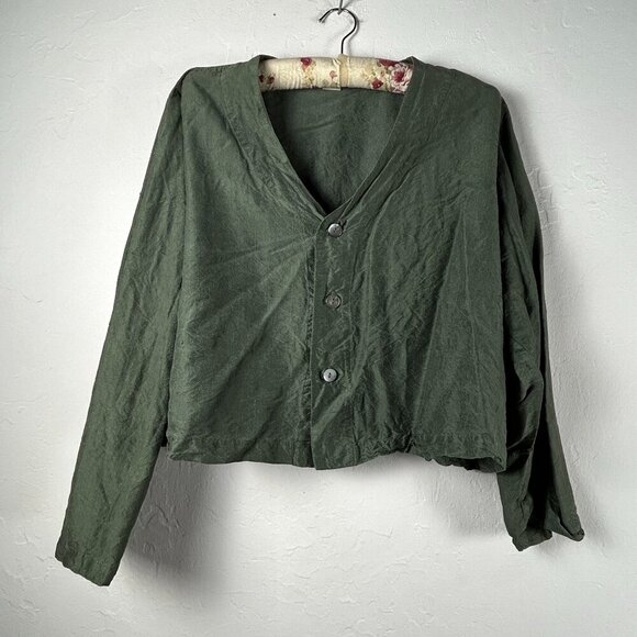 Vintage Blue Fish Women Green Silk Crinkle Cropped Blazer/Top Size 2 Lightweight - Picture 1 of 9